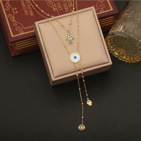 Stainless Steel Double Layer Chain with Dropping Eyes and Palm 18K Gold Plated - Picture 1 of 3